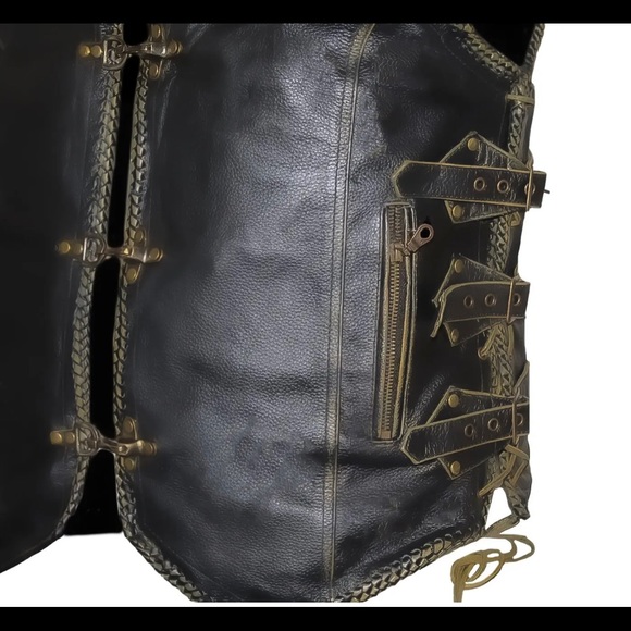 Men’s Motorcycle Distressed Black Side Laced Biker Concealed Carry Leather Vest - Picture 5 of 9